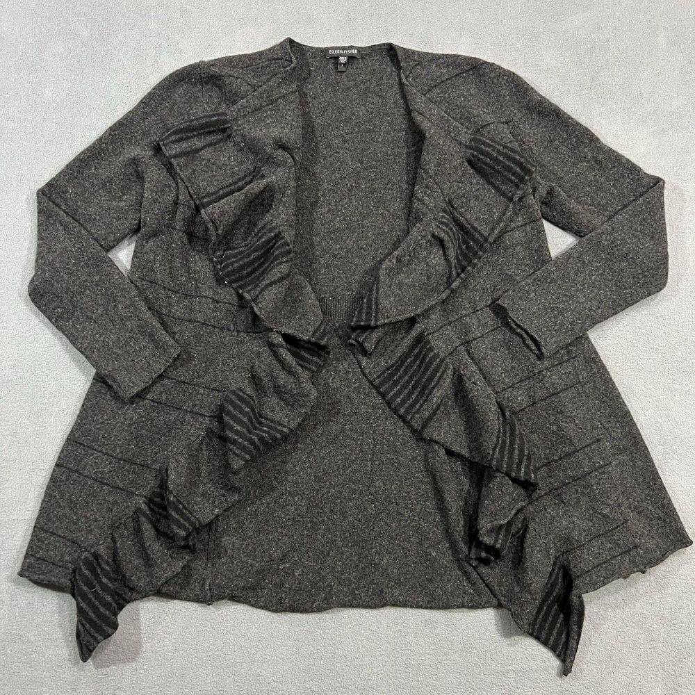 Eileen Fisher Wool Cardigan‎ Sweater Small Draped Ruffle Waterfall Open Front